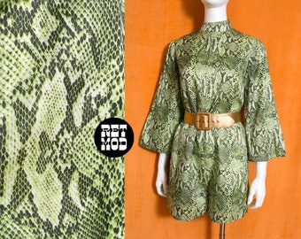 GORGEOUS Vintage 70s Green Snake Romper with Bell Sleeves