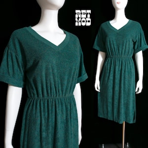 Robe de jour confortable en tissu éponge chiné vert des années 70 et 80 à taille élastique image 1