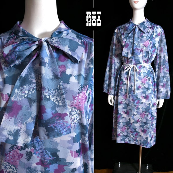 Unique Vintage 70s Purple Abstract Patterned Long Sleeve Dress with Pussybow