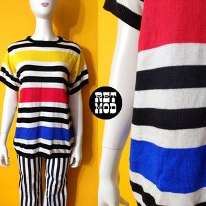 Fun Vintage 80s Primary Color Stripe Short Sleeve Sweater Top