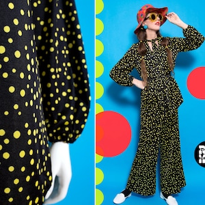 Slinky & Cool Vintage 60s 70s Black and Yellow Polka Dot 2-Piece Set of Pants and Tunic Top with Pussybow image 1