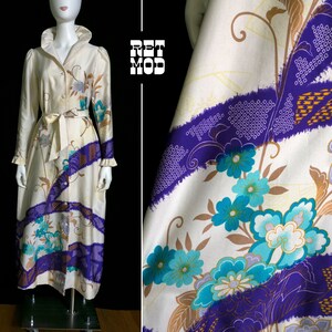 Lovely Tori Richard Vintage 60s 70s Cream-Colored, Purple, Blue Floral Maxi Dress image 1