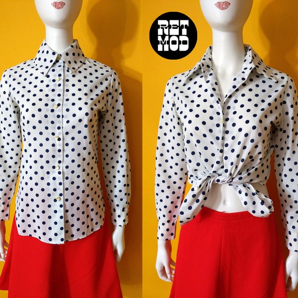 Cute Vintage 60s 70s White & Navy Blue Polka Dot Button Down Collared Shirt