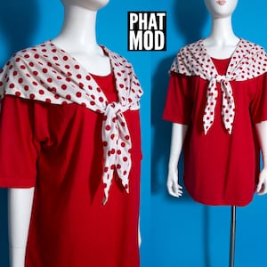 Cute Vintage 80s 90s Red & White Polka Dot Sailor Collar Oversized T-Shirt image 1