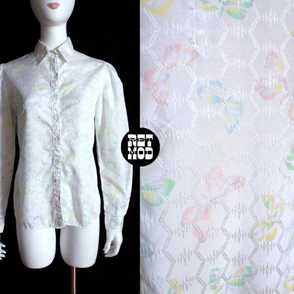 Lovely Butterfly Pastel Rainbow White Collared Vintage 70s Button Down Blouse