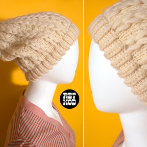 Cute Vintage 50s 60s Cream Cable Knit Wool Winter Hat with Pompom image 1