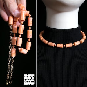 Cute Vintage 50s 60s Pastel Orange Peach Short Barrel Beaded Necklace