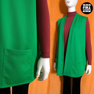 Gilet lungo in poliestere verde Kelly vintage anni '70 taglie forti con tasche immagine 1