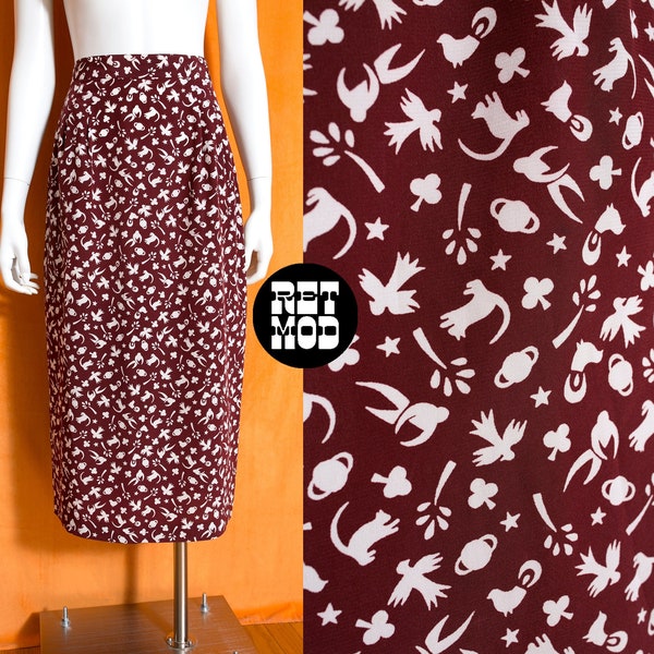 Unique Vintage 80s 90s Brown & White Cat Bird Planet Novelty Print Mid-Length Skirt