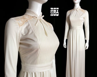 Chic Vintage 60s 70s Off-White Long Sleeve Maxi Dress with Neck Tie & Sheer Lace Shoulders