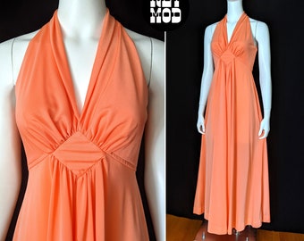 Beautiful Vintage 60s 70s Pastel Bright Orange Long Sleeveless Maxi Dress