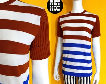 Retro Mod Vibes Vintage 60s 70s Brown Blue White Stripe Stretchy Short Sleeve Top