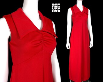 Vampy Vintage 70s Bright Red Sleeveless Collared Maxi Dress