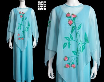 Ethereal Vintage 70s Light Blue Maxi Dress with Matching 3D Pink Roses Sheer Cape