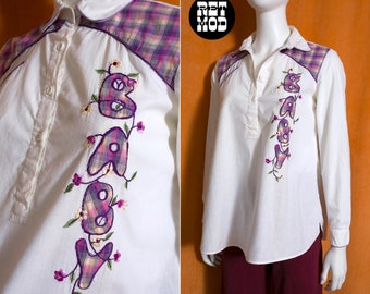 Adorable Vintage 70s White Blouse with Baby Applique and Purple Plaid
