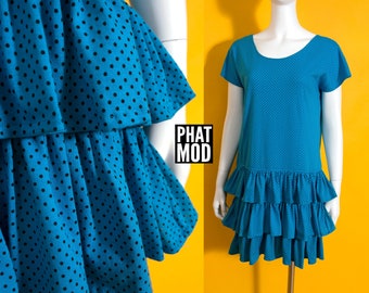 Comfy Cute Vintage 80s Turquoise Blue & Black Polka Dot Dress with Tiered Ruffles