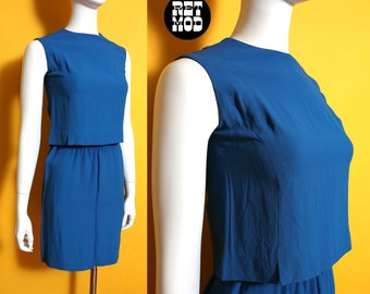 Cute Simple Chic Vintage 50s 60s Solid Blue 2-Piece Skirt & Sleeveless Top Set