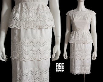 Sweet Vintage 50s 60s White Embroidered Lace Tiered Hourglass Dress