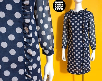 Iconic Vintage 60s Navy Blue & White Polka Dot Mod Shift Dress with Ruffles