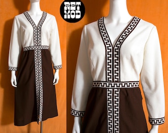 Smart Vintage 60s 70s Brown & White Color Block Poly Dress with Bold Trim