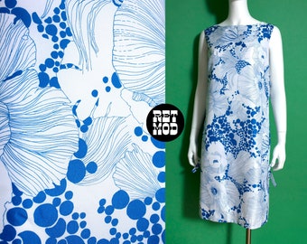 Vintage 60s 70s White & Blue Floral Dots Hawaiian Sleeveless Shift Dress