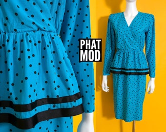 Sassy Vintage 80s 90s Turquoise Blue & Black Polka Dot Dress with Cute Peplum