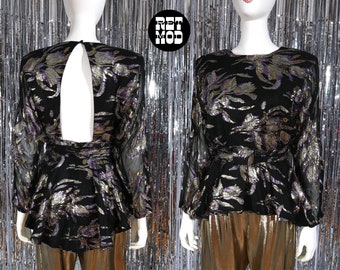 Fabulous Vintage 80s Black Purple Gold Floral Lurex Peplum Top with Open Back