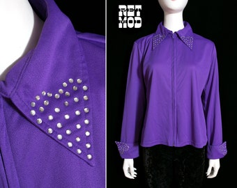 Fantastic Vintage 80s 90s Purple Collared Shirt with Zip Front and Rhinestone Hearts