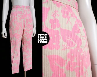 Iconic Vintage 60s Pastel Bright Pink & Off-White Ribbed Cotton Cropped Tapered Pants