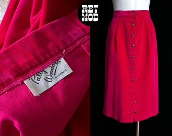 GORGEOUS Vintage 60s 70s Dark Bright Pink Velvet Mid-Length Skirt with Button Front