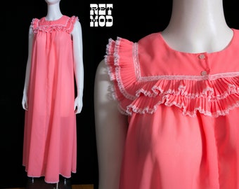 Super Cute Vintage 60s 70s Bright Salmon Orange Pink Long Nightgown with Ruffles