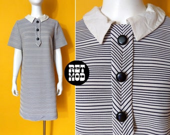 Cute Vintage 60s 70s Black White Stripe Poly Dress with Collar