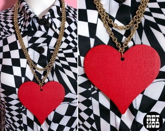 Large Chunky Vintage 70s Gold Double Chain with Red Wood Heart Pendant