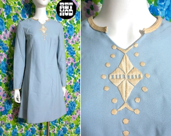 Unique Vintage 60s 70s Light Blue Ethnic Embroidery Shift Dress