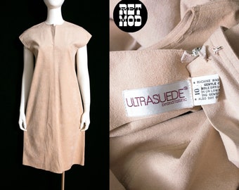 Fab Vintage jaren '70 jaren '80 Tan Ultrasuede Shift Jurk met ritssluiting aan de voorkant