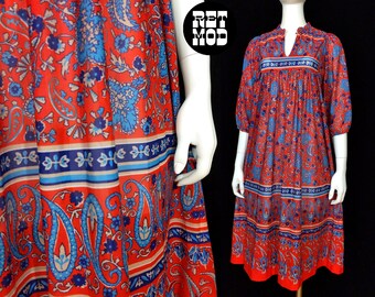 Lovely Vintage 70s Red Blue Paisley Border Print Boho Dress