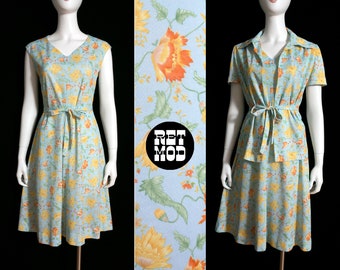 Pretty Vintage 70s Light Blue Orange Yellow Spring Floral Dress with Matching Top & Tie Set