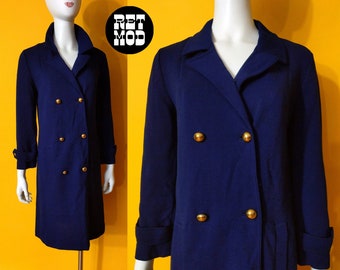 Unieke vintage jaren '60 jaren '70 marineblauwe wollen jasjurk