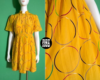 Unique Vintage Style Yellow Pleated Dress with Colorful Circle Print