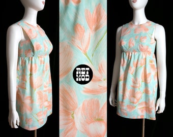 Cute & Unique Vintage 60s 70s Pastel Blue and Orange Floral Spring Mini Dress