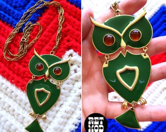 NWOT Vintage 70s Green Owl Pendant Necklace by JJ