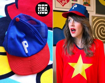 Vintage 60s 70s Blue Red Color Block Baseball Hat with the Letter P
