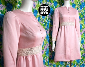 Iconic Vintage 60s 70s Pastel Pink Satin Dolly Dress with Soutache Embroidery