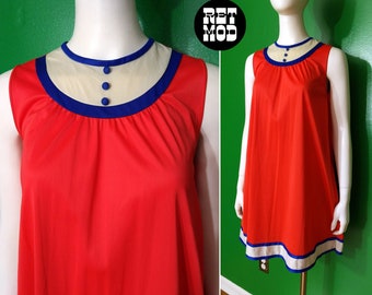 Fantastic Vintage 60s 70s Bright Red Babydoll Nightgown with Button Bib Top