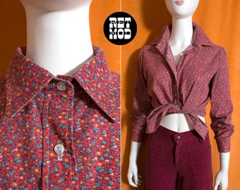 Comfy Chic Vintage 70s Red Calico Floral Cotton Collared Blouse