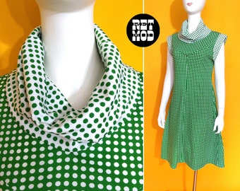 Super Cool Vintage 70s Green White Polka Dot Day Dress with Cowl Neck