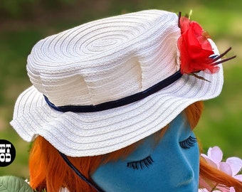 Super Cute Vintage 50s Mini White Hat with Red Flower and Blue Velvet Chin Strap