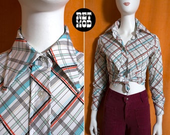 Fun Vintage 60s 7s White Blue Orange Plaid Long Sleeve Button Down Collared Shirt