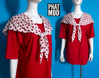 Cute Vintage 80s 90s Red & White Polka Dot Sailor Collar Oversized T-Shirt