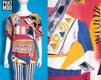 DEADSTOCK Vintage 80s 90s Modernist Abstract Art Short Sleeve Blouse
